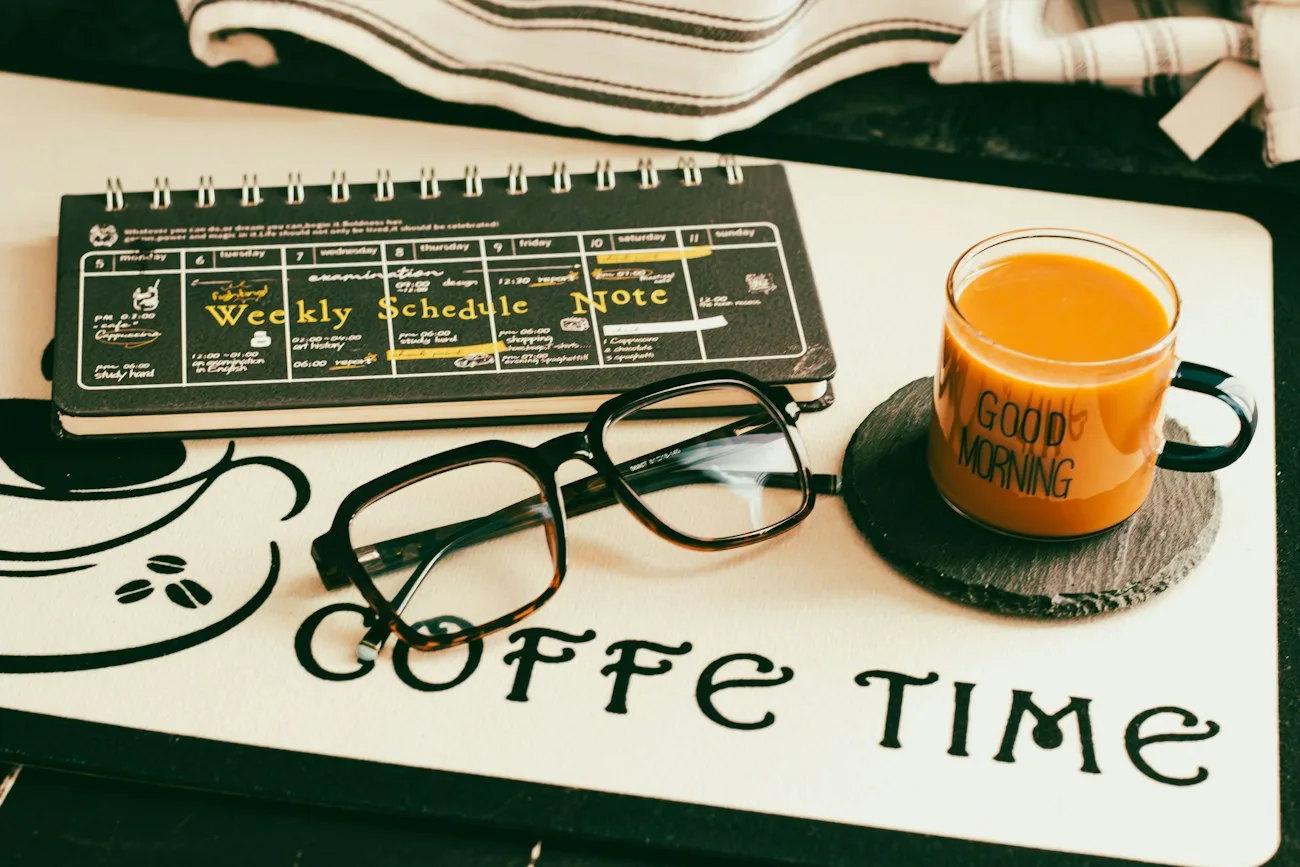 Tagesplaner mit Brille und Orangensaft als Symbol für vorbereiteten Rauchstopp und strukturierte Planung