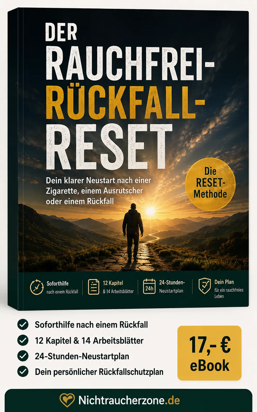 Rauchfrei-Rückfall-Reset E-Book Cover mit Berglandschaft und Sonnenaufgang, Soforthilfe nach Rückfall, 12 Kapitel, 24-Stunden