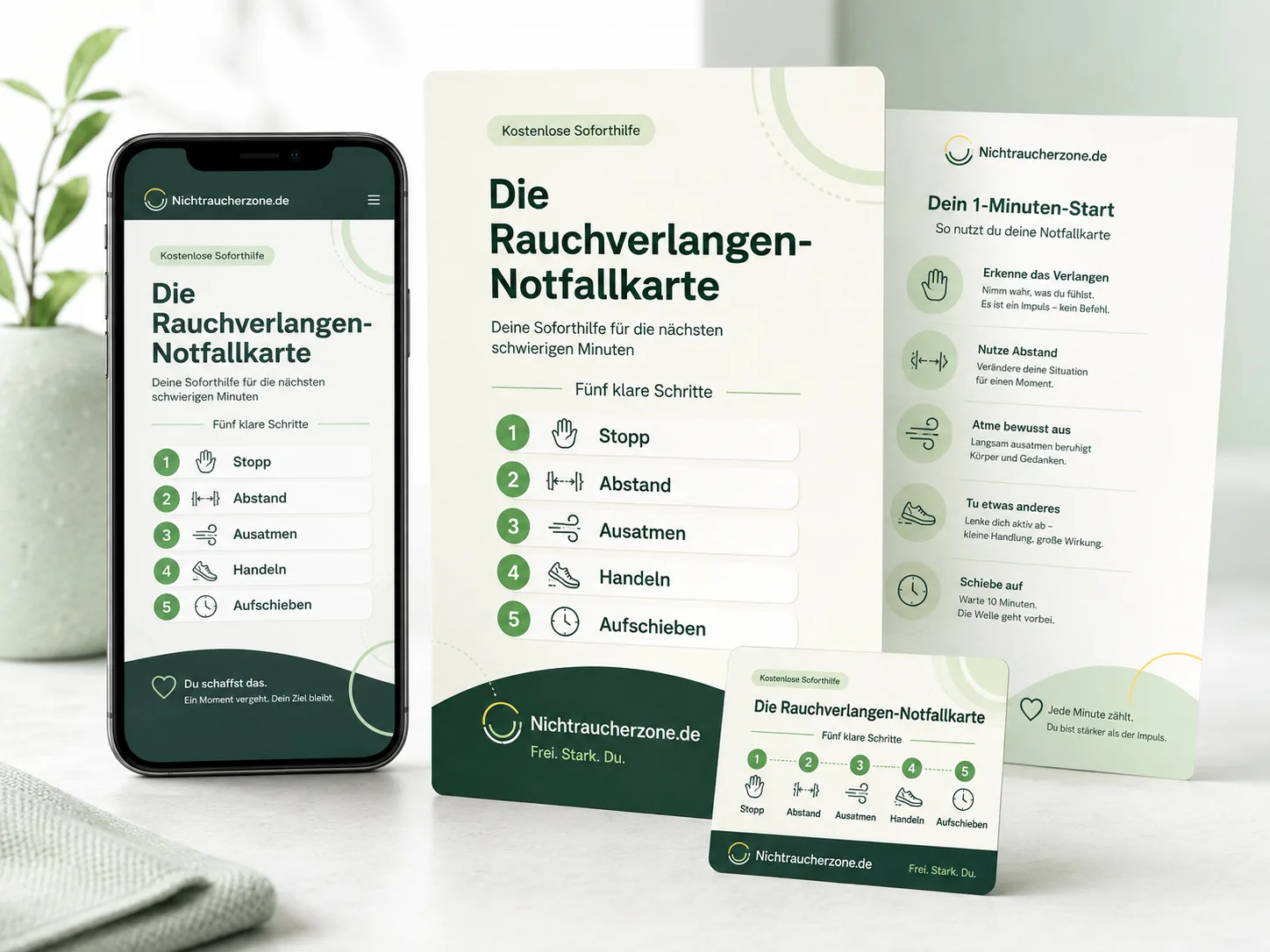 Rauchverlangen-Notfallkarte – PDF-Soforthilfe zum Rauchstopp 1 Rauchverlangen-Notfallkarte auf Smartphone und ausgedruckten Versionen mit fünf klaren Schritten