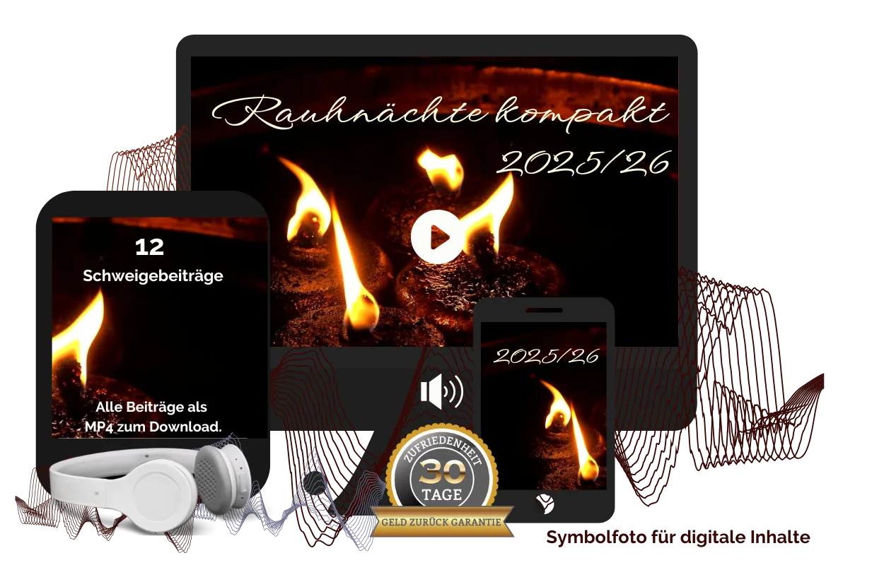Mockup des Rauhnächte-Kompaktpakets 2025/26 mit brennenden Kerzen auf Geräten, 12 Schweigbeiträge als MP4-Download