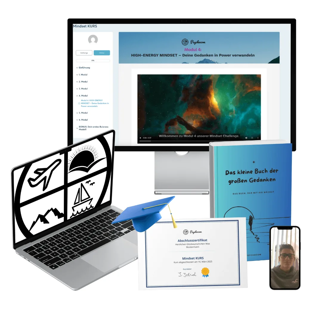 Abschlusszertifikat Mindset Kurs mit Glückwunsch für Max Mustermann, Laptop, Buch und Smartphone