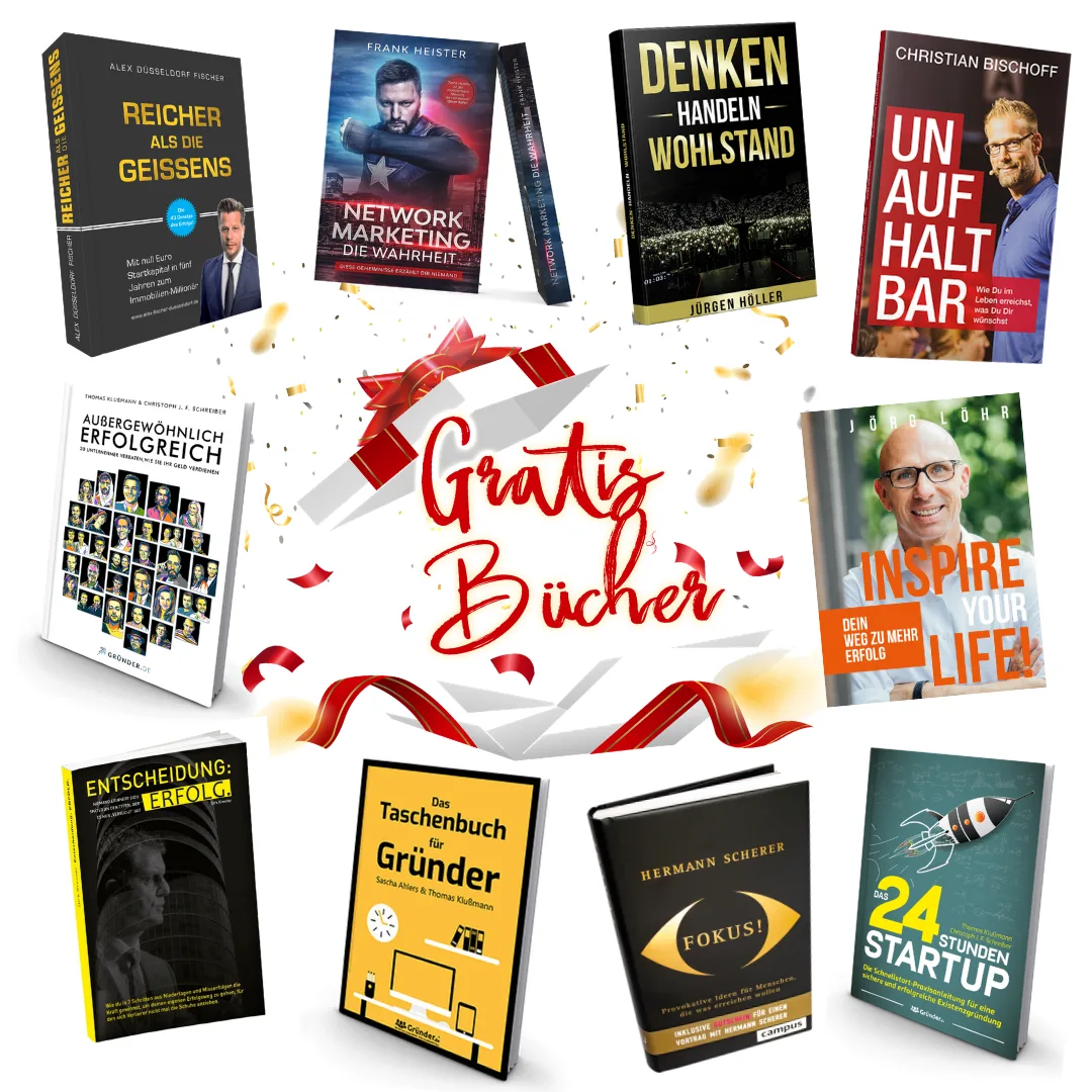 Sammlung von zwölf kostenlosen Bücher-Covers um zentrales Geschenk-Logo, Erfolgsratgeber und Business-Literatur