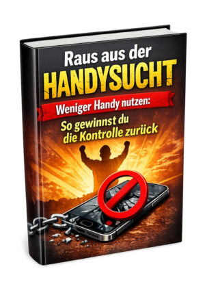 E-Book-Cover Raus aus der Handysucht mit schwarzem Einband, gelbem Schriftzug und Smartphone-Motiv