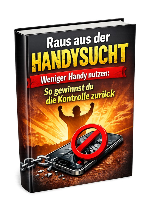 Raus aus der Handysucht – Ratgeber zur Smartphone-Nutzung 4 E-Book-Cover Raus aus der Handysucht mit schwarzem Einband, gelbem Schriftzug und Smartphone-Motiv