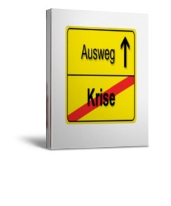 Gelbes Verkehrsschild mit Aufschrift Ausweg nach oben und durchgestrichener Krise als Produktmockup