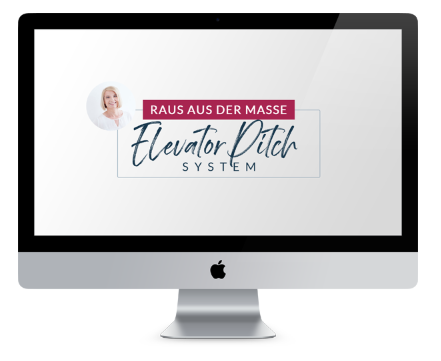 Monitor mit Elevator Pitch System Logo und Sonja Kreye