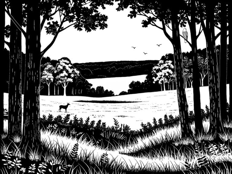 Schwarz-Weiß Illustration Waldlandschaft mit Hirsch und Vogelflug