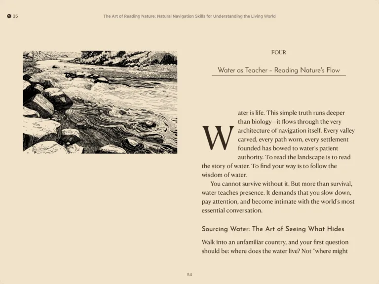 Buchseite 54-55 Kapitel Wasser als Lehrer mit Flussillustration und Text