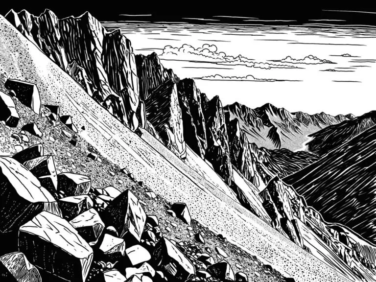 Schwarz-Weiß Illustration Bergklippe und Gesteinsformation mit Himmel