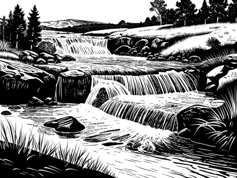 Schwarz-Weiß Illustration Flusslandschaft mit Felsen und Vegetation