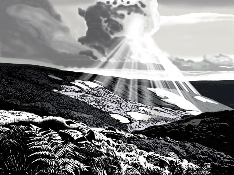 Schwarz-Weiß Illustration Berg mit Lichtstrahlen und Vegetation