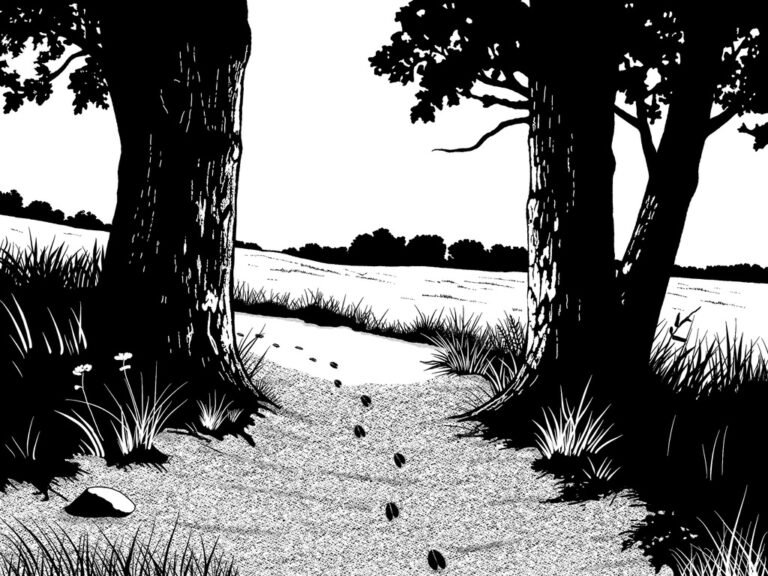 Schwarz-Weiß Illustration Baumfuß mit Fußspuren im Sand und Landschaft