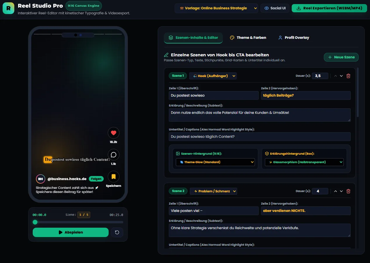 Screenshot der Reel Studio Pro Weboberfläche mit Editor-Panel, Szenen-Verwaltung und Vorschau eines Instagram-Reels mit Text-