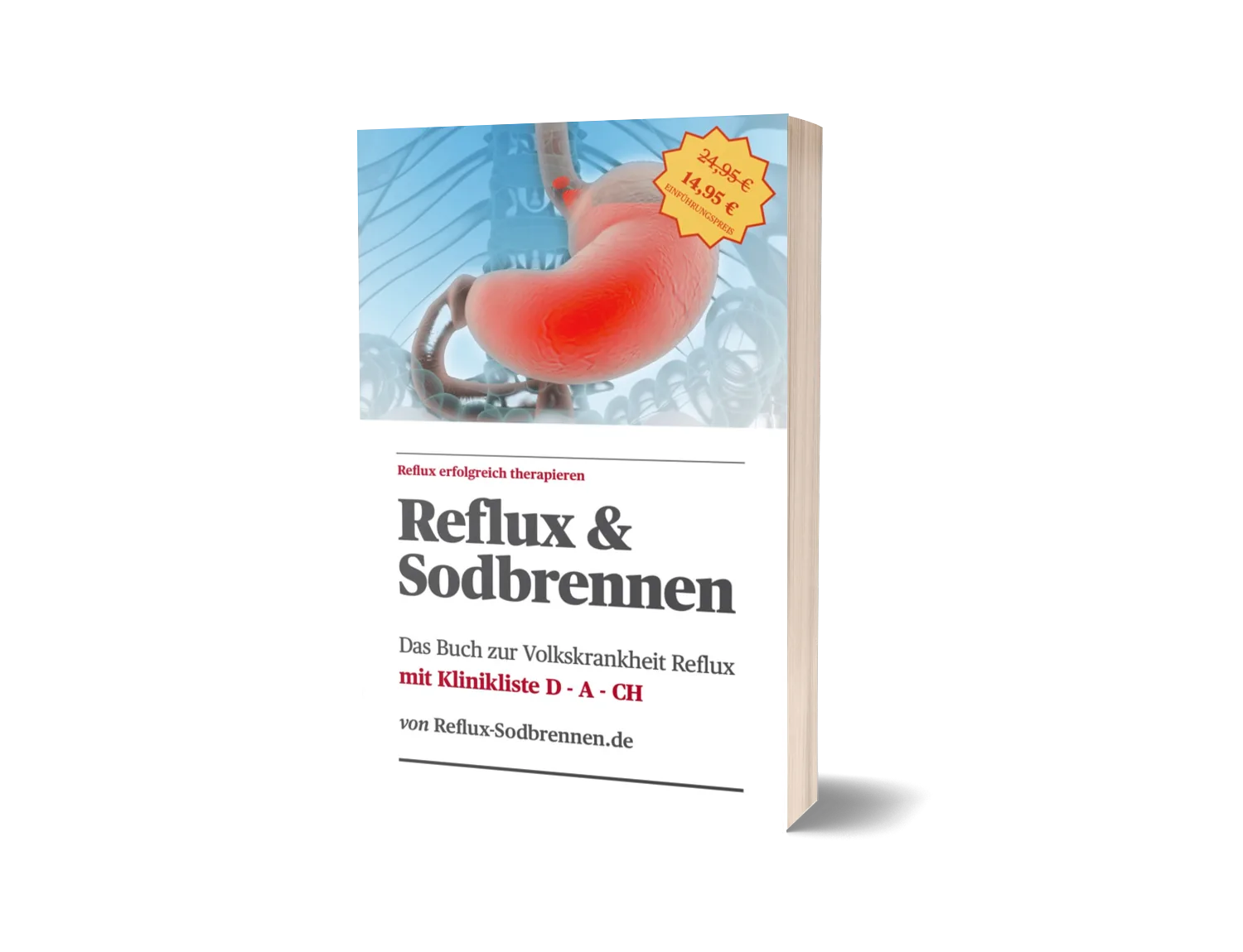 Reflux & Sodbrennen – Das Buch Paperback mit Preisschild und Magen-Illustration