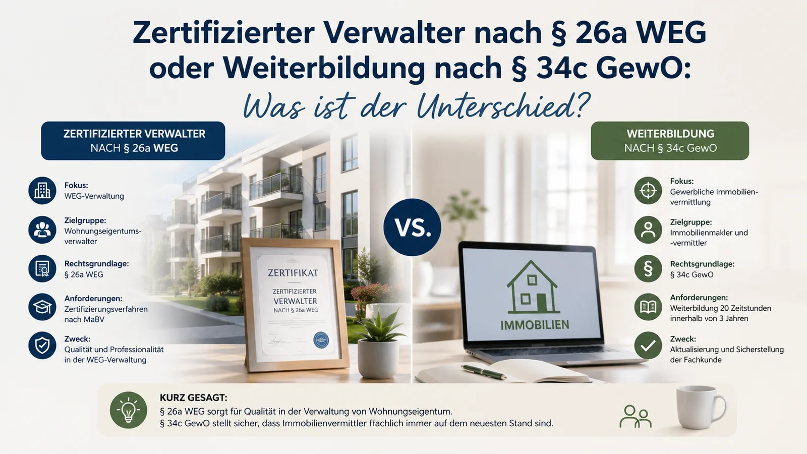 Vergleich Zertifizierter Verwalter nach § 26a WEG versus Weiterbildung nach § 34c GewO