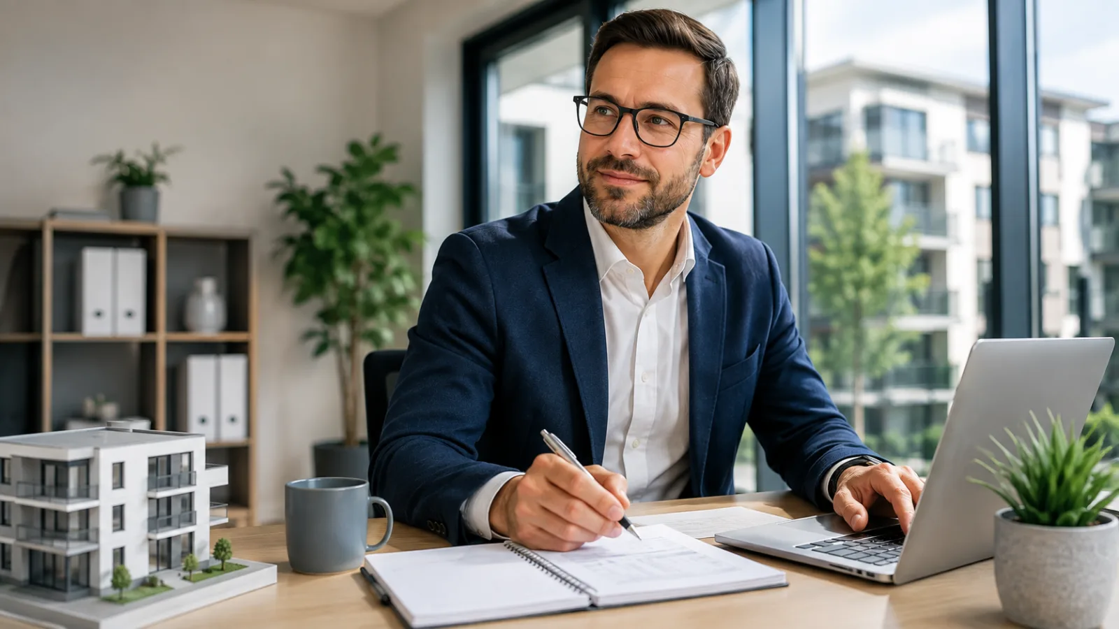 Geschäftsmann am Schreibtisch mit Laptop und Notizen zur Hausverwaltung