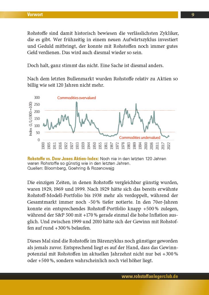 Reich mit Rohstoffen – Buch über Rohstoff-Investments 4 Seite 9 aus Reich mit Rohstoffen mit Vorwort und Rohstoffe-vs-Dow-Jones-Vergleichsgrafik