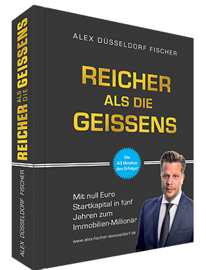 3D-Darstellung des Buches Reicher als die Geissens mit schwarzem Einband, goldener Typografie und Autorenfoto