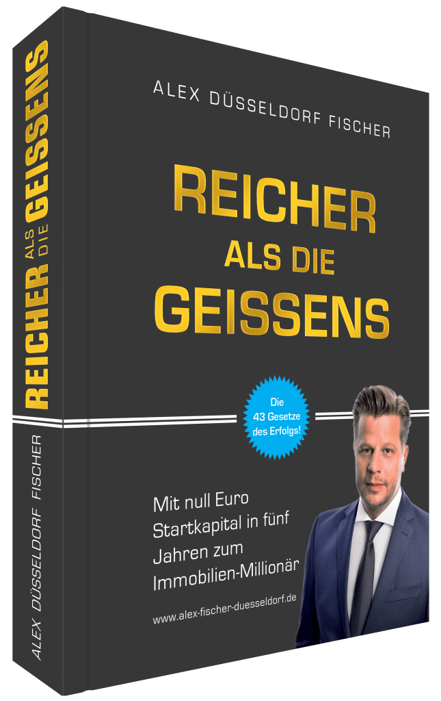 Buchcover Reicher als die Geissens von Alex Düsseldorf Fischer, schwarzer Einband mit goldener Schrift, Autorenfoto und blaue