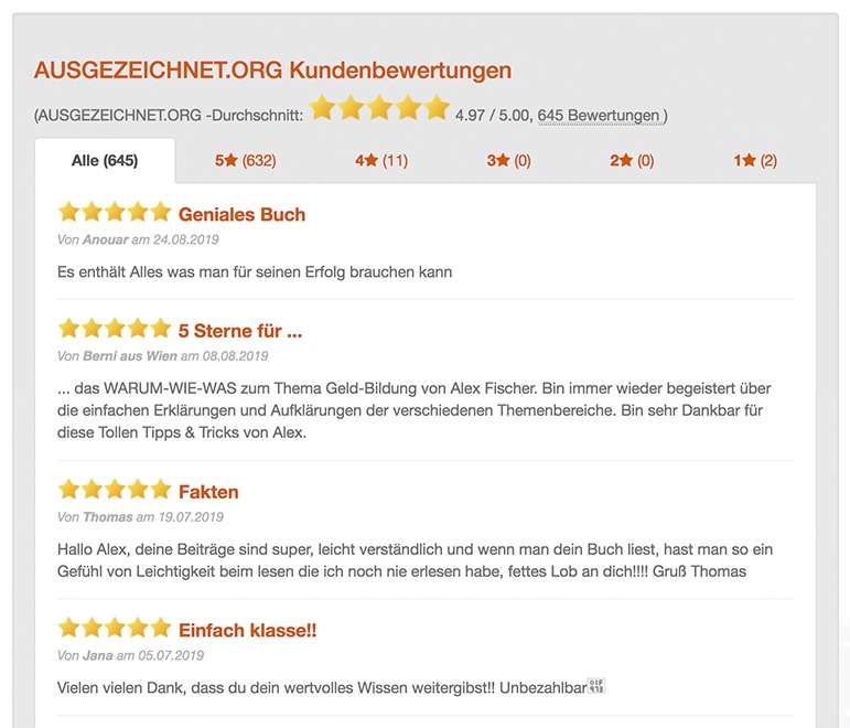 Screenshot von ausgezeichnet.org Kundenbewertungen mit 4,97 von 5 Sternen, 645 Bewertungen und positive Rezensionen