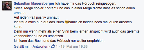 Facebook-Testimonial von Sebastian Mauersberger über das Hörbuch mit positiver Bewertung