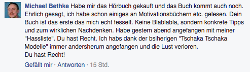 Facebook-Testimonial von Michael Bethke über Hörbuch und Buch mit detailliertem Feedback