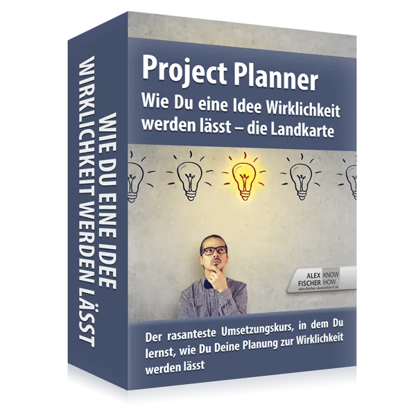 Project Planner Box mit Illustration eines nachdenklichen Mannes und Glühbirnen-Grafiken