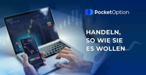 Pocket Option Trading-Plattform Screenshot mit Smartphone und Laptop