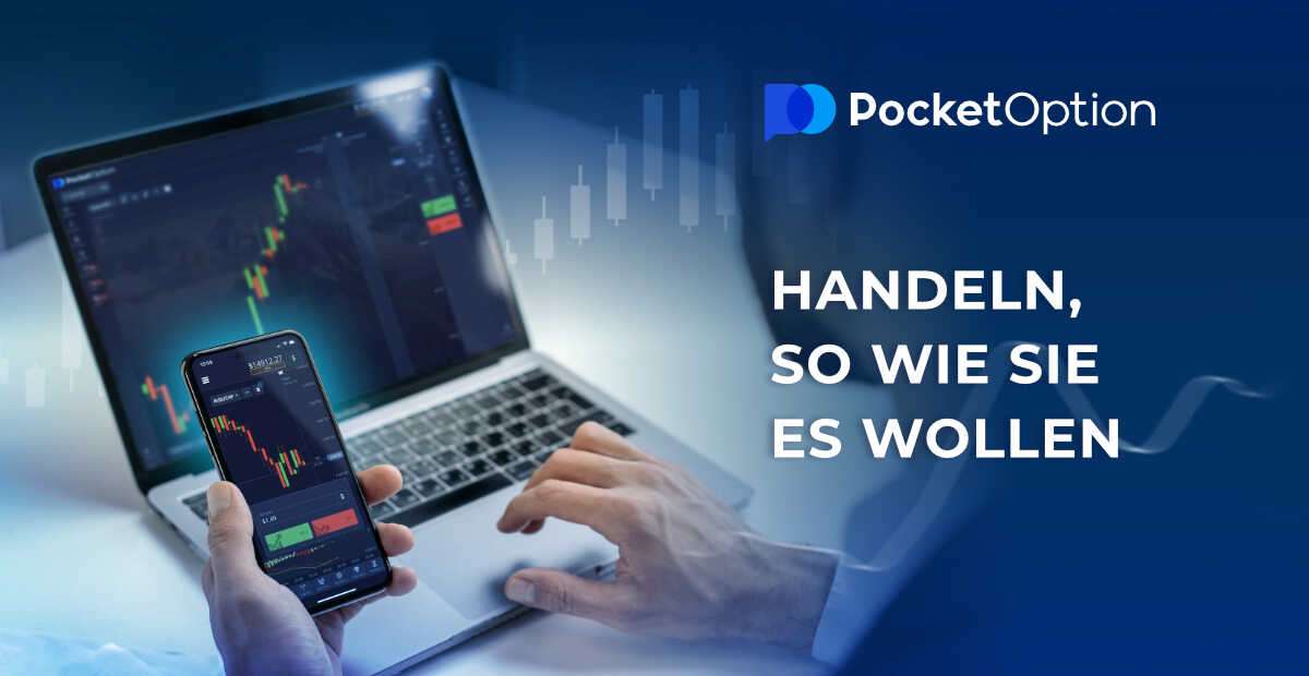 Pocket Option Trading-Plattform Screenshot mit Smartphone und Laptop