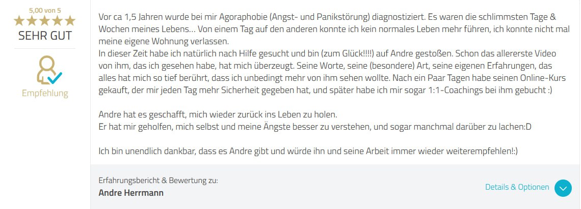 Kundenstimme 5 Sterne Bewertung Agoraphobie Angststörung Erfolgsgeschichte Empfehlung