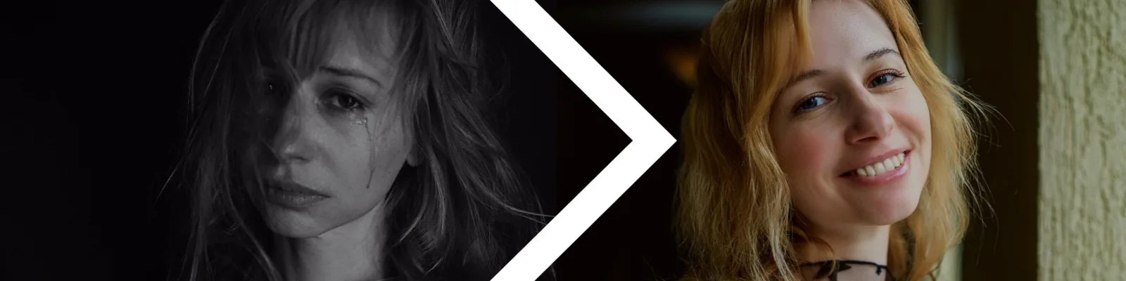 Banner mit Pfeil zeigt Transformation von trauriger zu glücklicher Frau