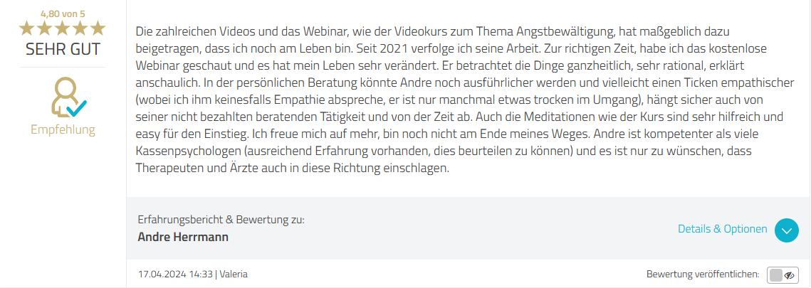 Kundenbewertung 4,8 Sterne Videos Webinar Videokurs Angstbewältigung Lebensveränderung Valeria