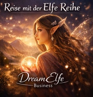 Reise mit der Elfe Reihe Cover mit mystischer Elfe, goldenem Licht und DreamElf Business Logo