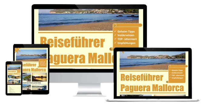 Reiseführer Paguera Mallorca auf mehreren Geräten: Laptop, Tablet und Smartphone