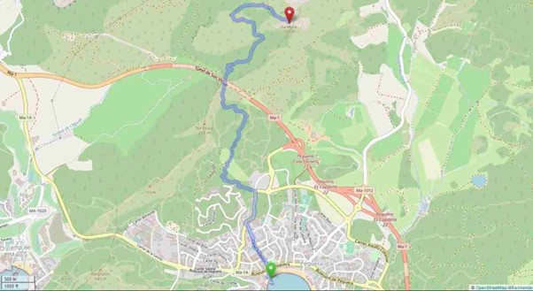 Kartenmaterial mit Wanderrouten rund um Paguera und umliegende Berglandschaft