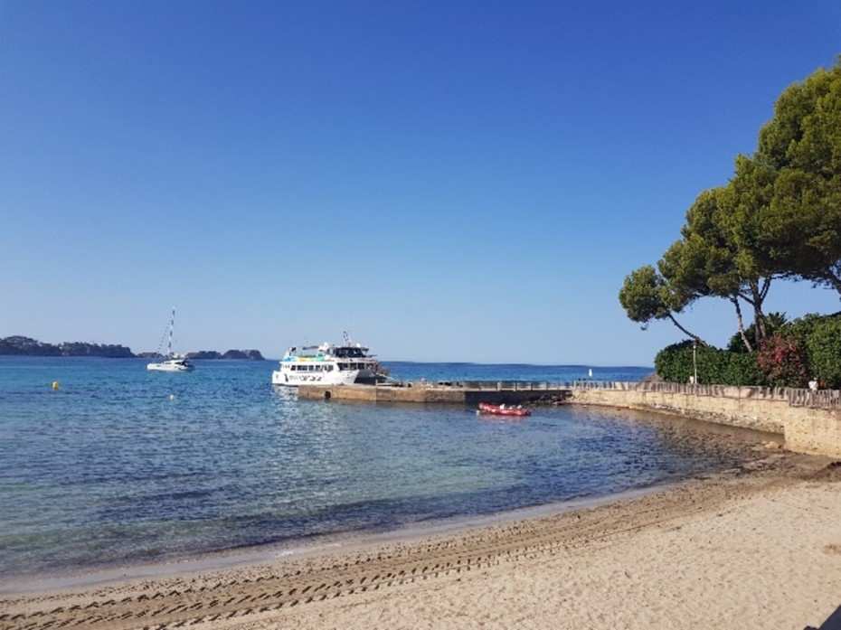 Schiffsanlegestelle in Paguera mit Ausflugsboot, Strand, Pinienwald und türkisblauem Meer