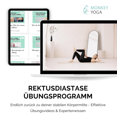Mockup des Rektusdiastase Übungsprogramms mit Tablet- und Desktop-Ansicht plus Trainingsszene
