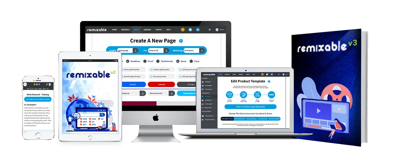 Remixable v3 Ecover mit Screenshots von iPhone, iPad, Desktop und Laptop zeigt Page Builder und Dashboard