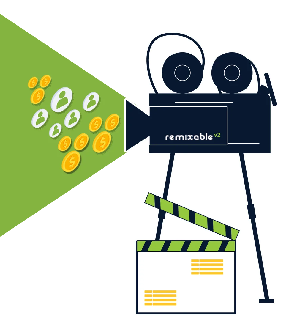 Illustration: Filmkamera mit Remixable v2-Branding und Geldmünzen, symbolisiert Video-Monetarisierung