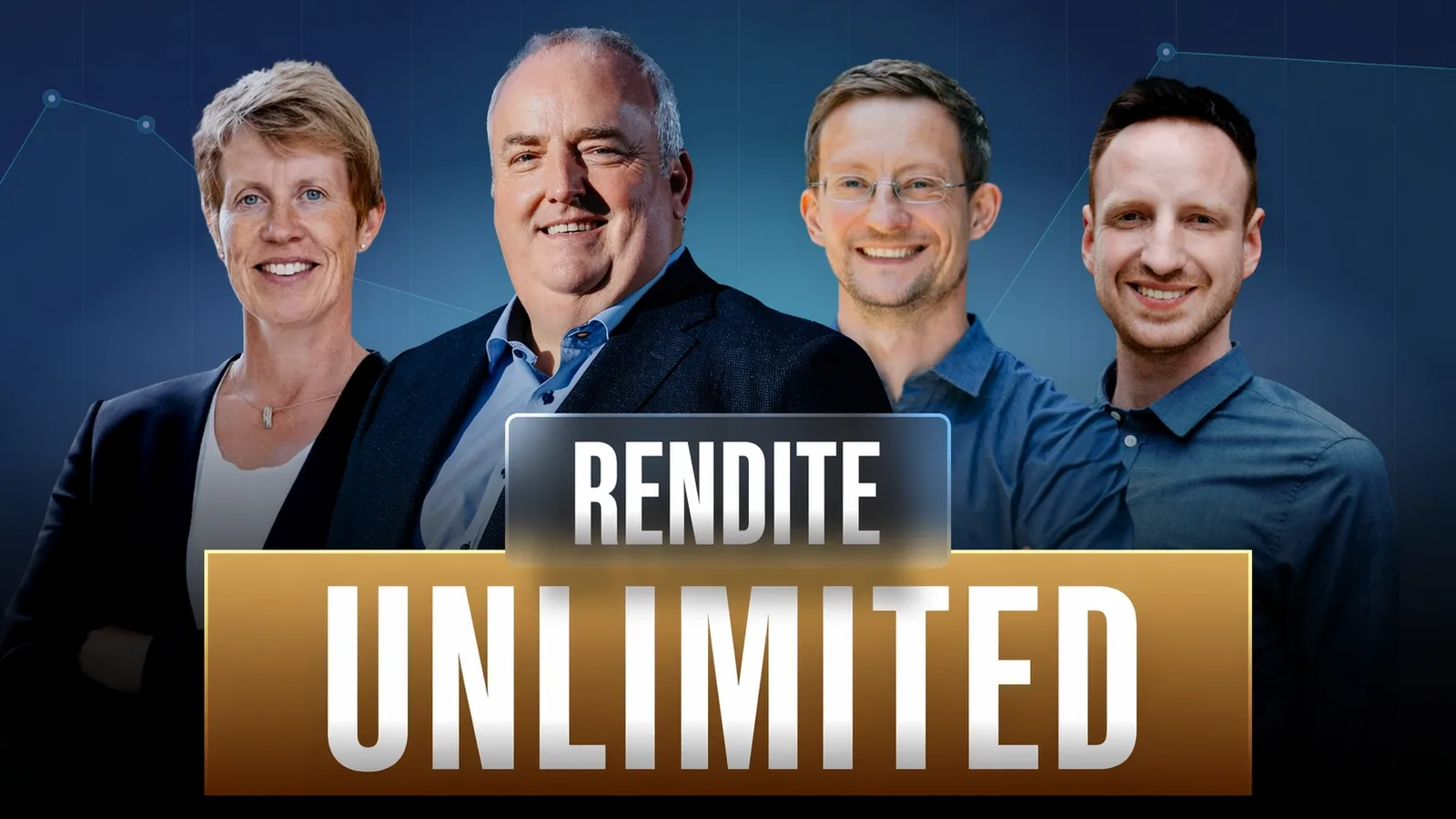 Rendite Unlimited – Live-Onlinekurs zum Trading von Mario Lüddemann 3 Vier Personen vor blauem Hintergrund mit Schriftzug Rendite Unlimited in Gold