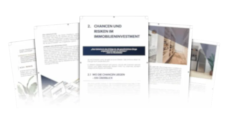 Blick in Rent-2-Rent Buch-Innenseiten mit Kapitel 2 Chancen und Risiken, Text und Immobilien-Fotos