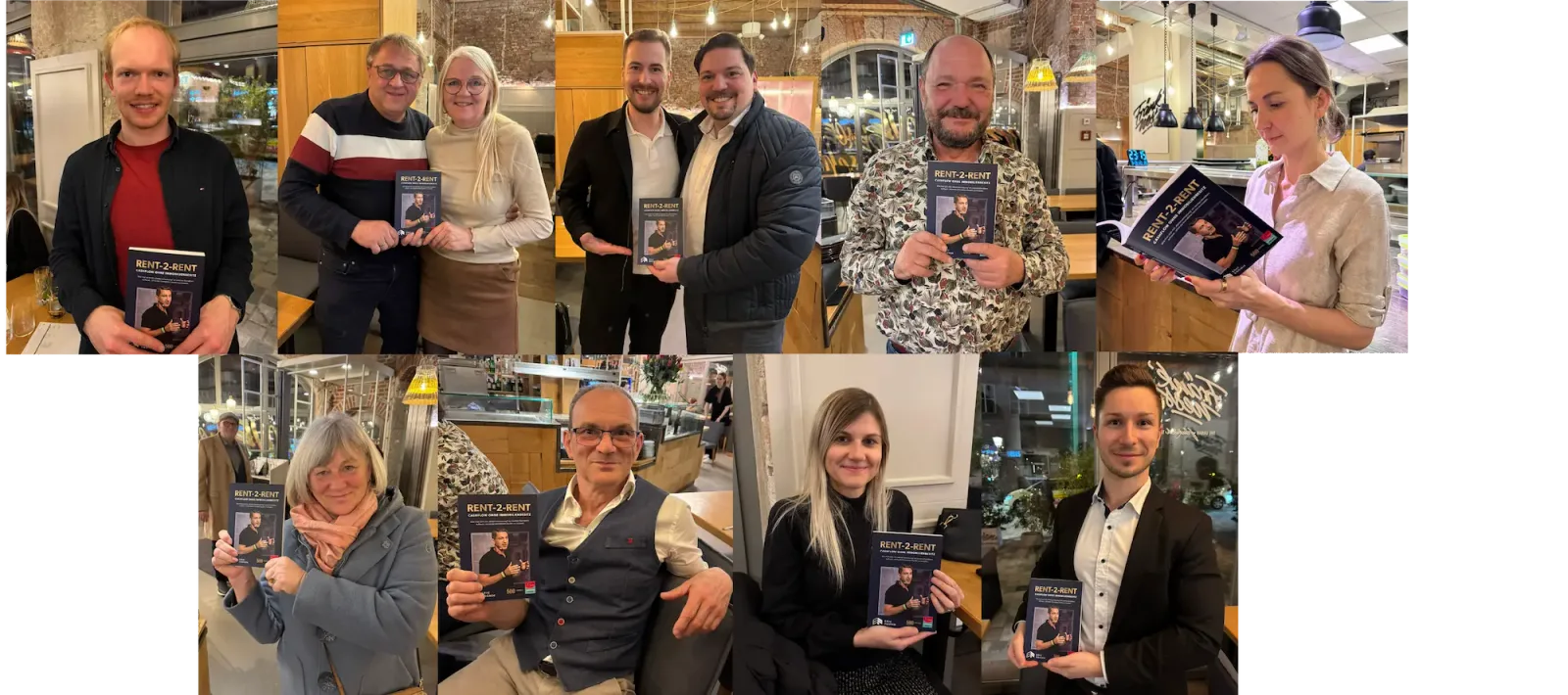 Collage mit 11 Lesern des Rent-2-Rent Buchs in verschiedenen Umgebungen, alle halten das Buch
