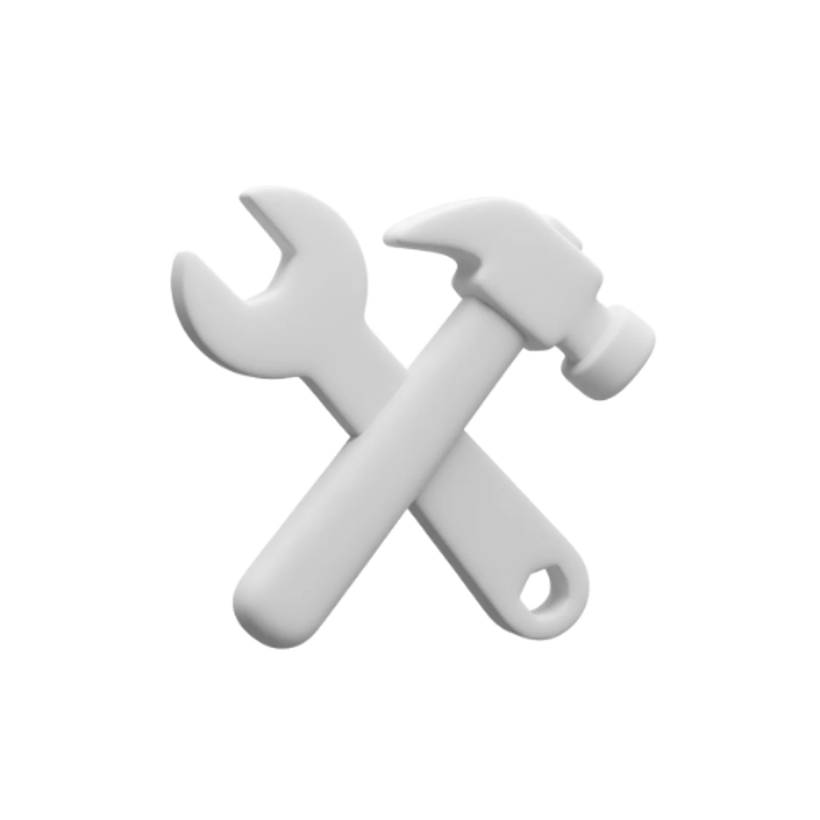 3D-Illustration von Schraubenschlüssel und Hammer auf weißem Hintergrund