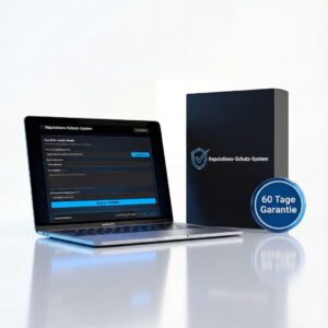 Reputations-Schutz-System Produktmockup mit MacBook Pro, schwarzer Box und 60-Tage-Garantie-Badge