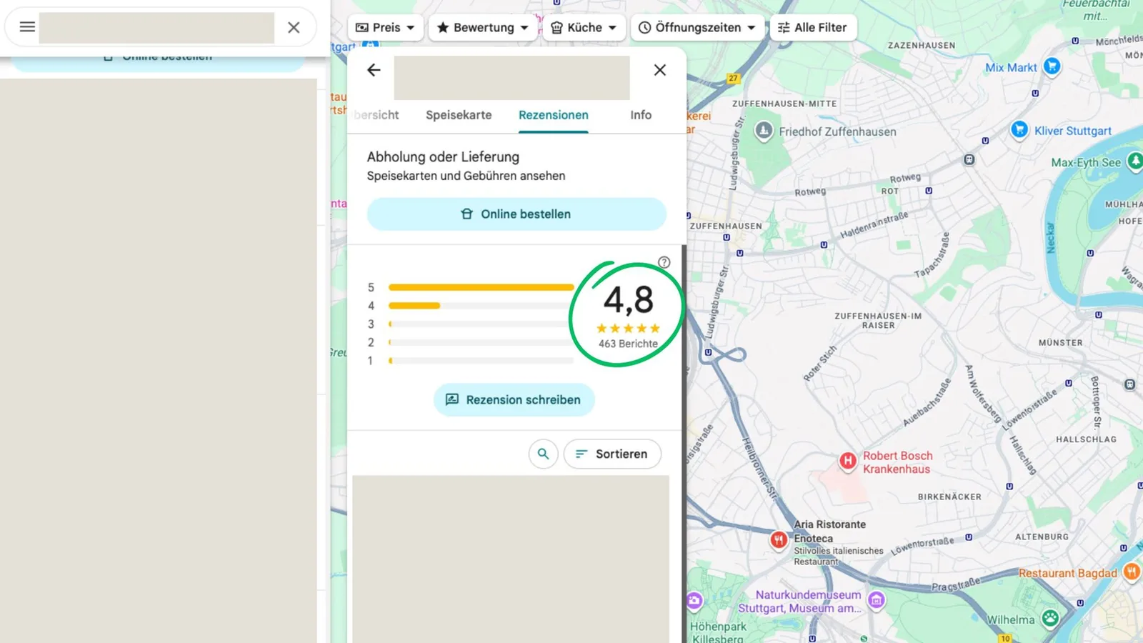 Restaurant-Bewertung auf Karte mit 4,8 Stern-Rating, 463 Berichte, Rezensionen Tab aktiv