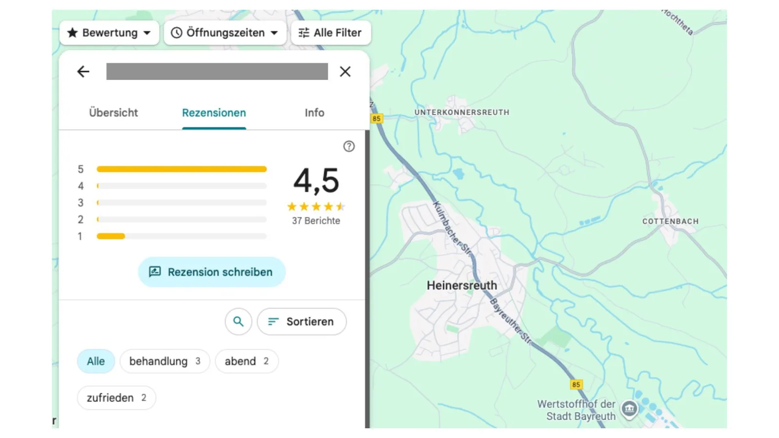 Google Maps Screenshot mit Bewertungsansicht, 4,5 Sternen Bewertung aus 37 Berichten für Unternehmen