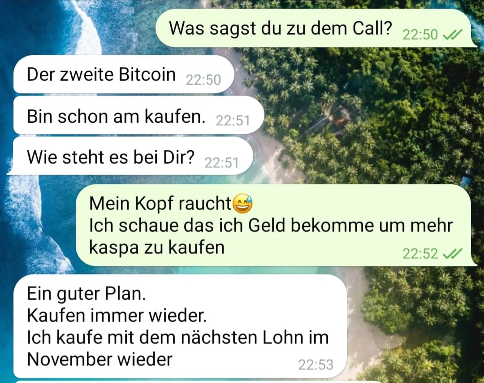 Research Report – Krypto Technologie Analyse von Alexander Below 4 WhatsApp-Nachrichtenverlauf über Bitcoin-Kauf auf Naturhintergrund mit Luftaufnahme
