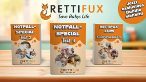 Rettifux Produktlinie mit drei Boxen: Notfall-Special Teil 1 und 2, Rettifux Kurs Kinderkrankheiten, Logo und Tagline Save Ba