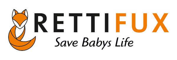 Rettifux Logo mit Fuchs-Illustration und Schriftzug Save Babys Life