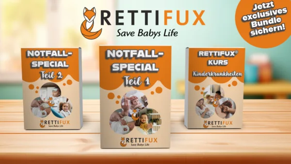 Drei Rettifux-Onlinekurs-Boxen nebeneinander auf Holzoberfläche: Notfall-Special Teil 2, Notfall-Special Teil 1 und Rettifux